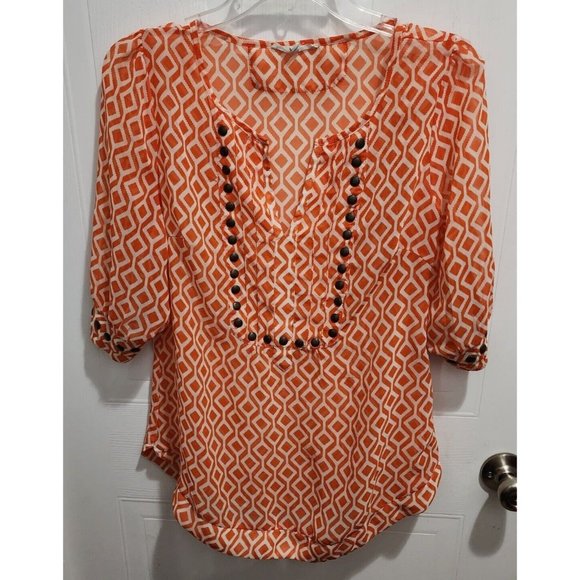 41 Hawthorn Stitch Fix 3/4 Sleeve Orange Embellished Blouse Sheer Top Sz Medium - Picture 1 of 8